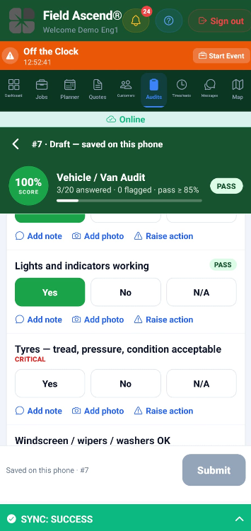 Mobile app vehicle inspection with a 100 percent score ring, Yes/No answers and photo follow-ups