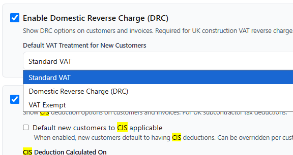 Domestic reverse charge invoicing software settings showing DRC and CIS toggles with per-customer VAT treatment defaults