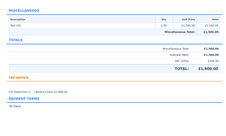 UK invoice PDF from CIS invoicing software showing domestic reverse charge wording and CIS deduction with gross, deduction and amount due