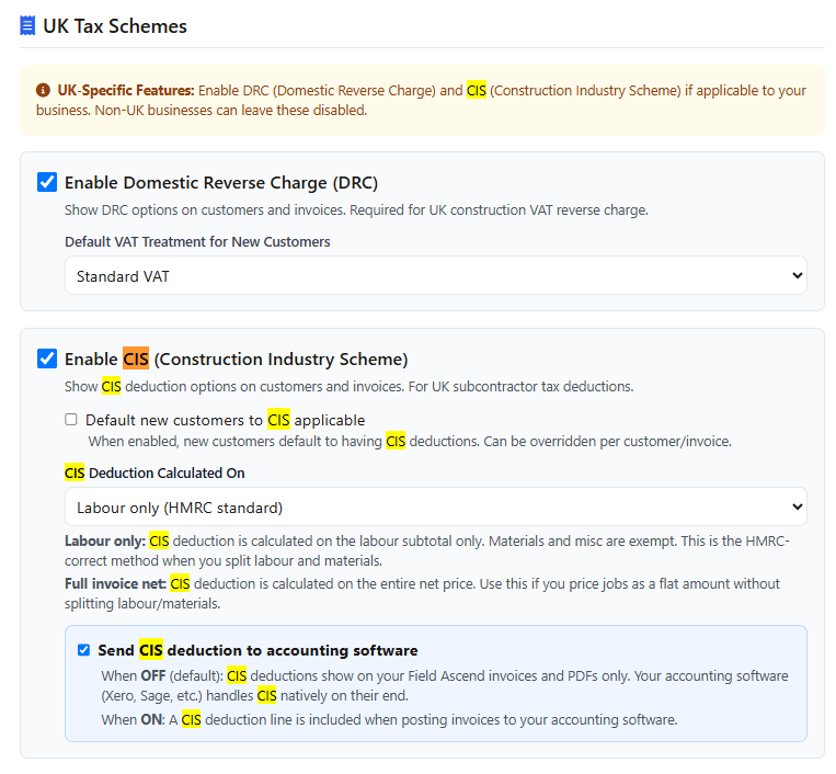 VAT invoicing software UK tax options table showing named tax schemes with percentages and a default scheme