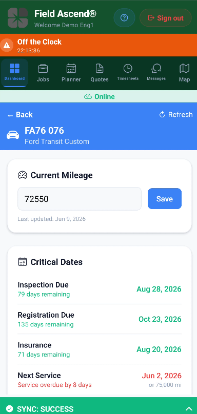 Field Ascend engineer app showing a due vehicle check with mileage and tyre pressure questions