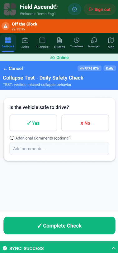Engineer vehicle data request in the Field Ascend mobile app showing current mileage and tyre pressure fields