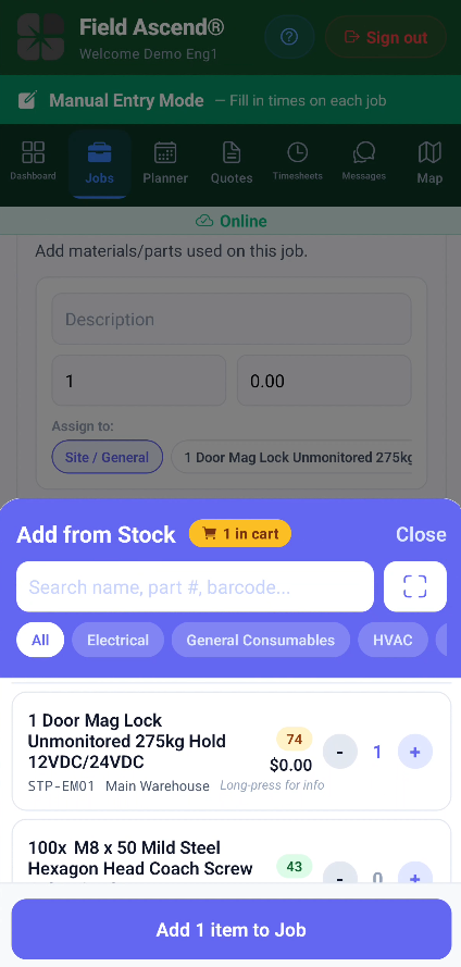 Engineer picking stock onto a field service job from the mobile app