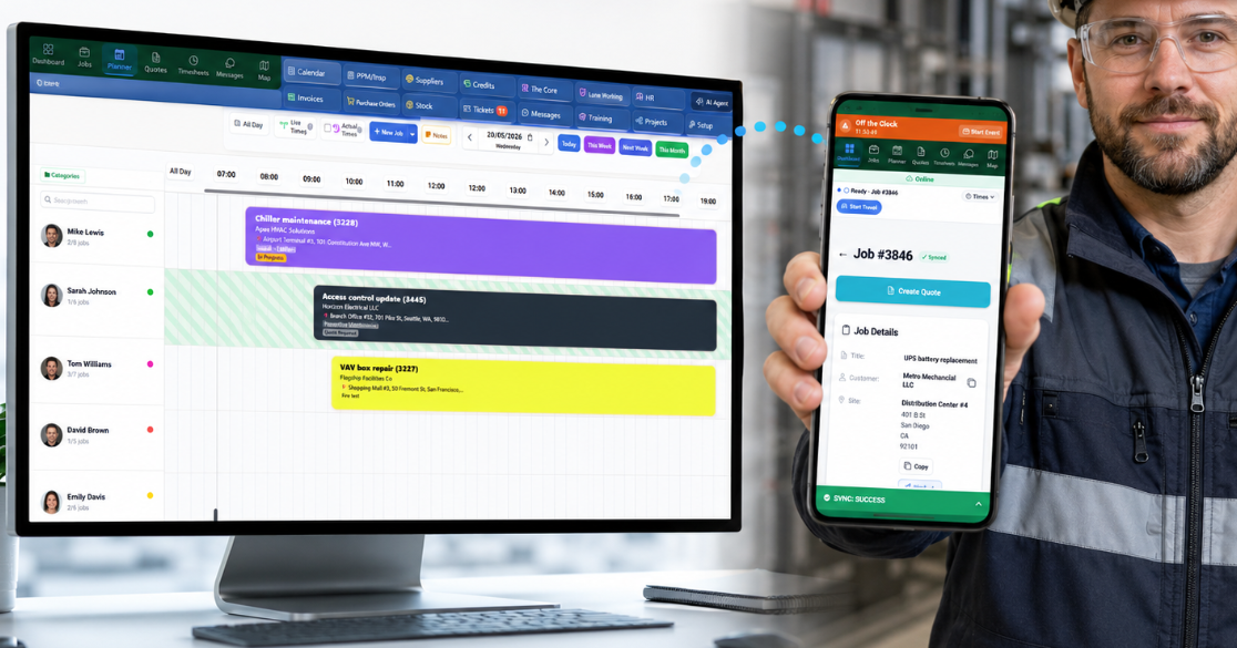 Workforce management software showing a field service scheduling dashboard beside a technician using the mobile app on site
