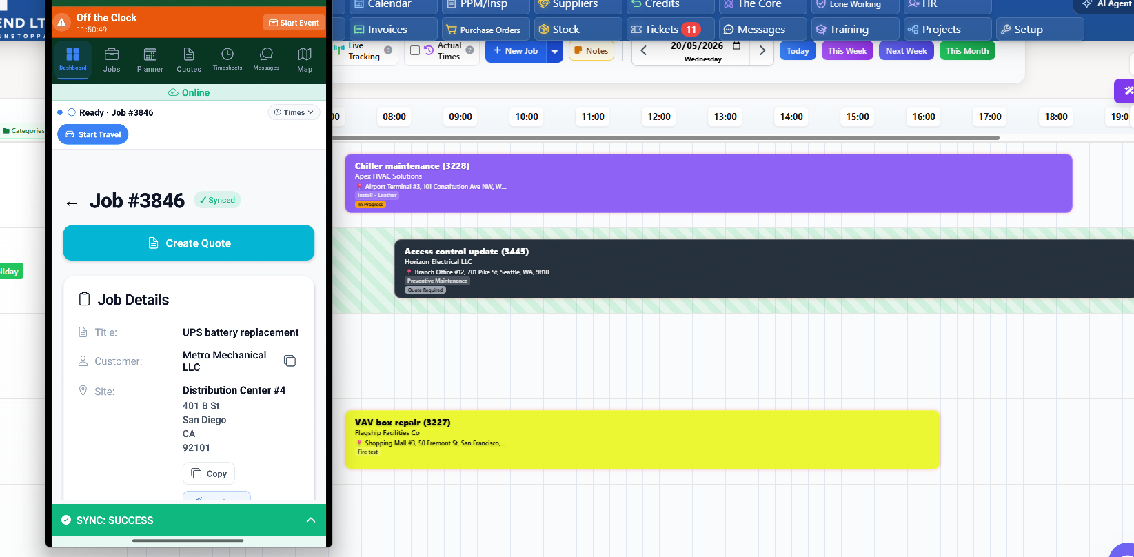 Workforce management software scheduling planner showing technicians jobs and availability across the week
